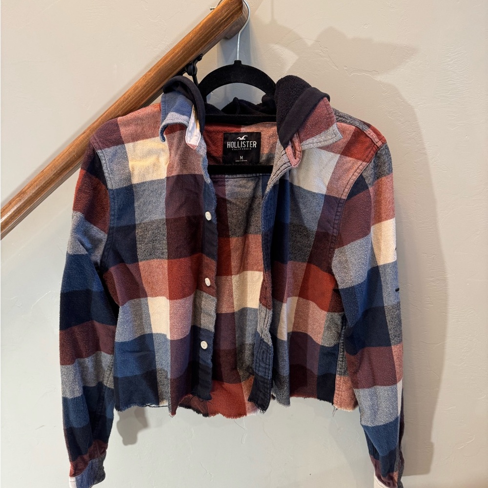 Hollister Cropped Plaid Flannel Jacket - Red, Blue, White
